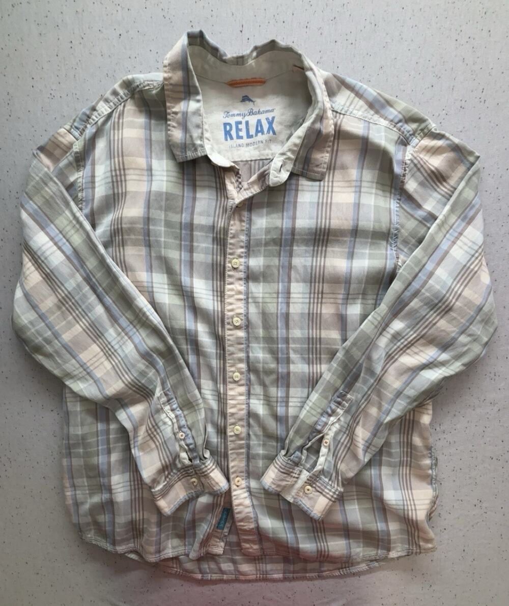 Tommy Bahama Relax Shirt Mens L Large Plaid Island Modern Fit Tencel Cotton L/S
